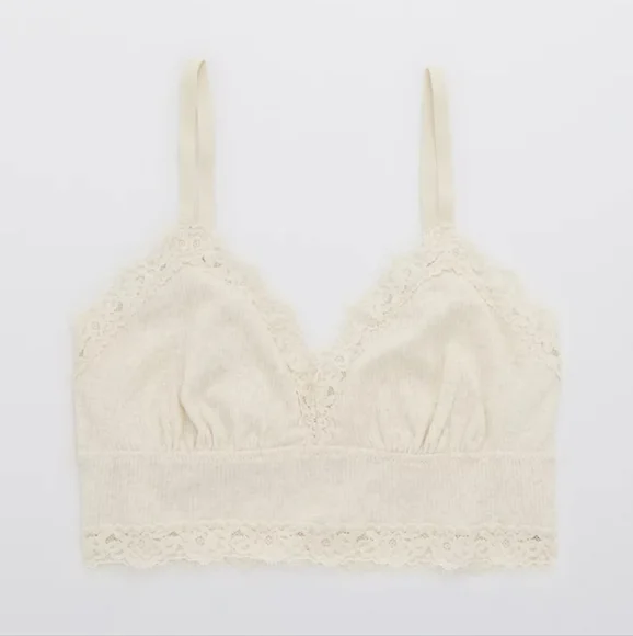NWT Aerie Ribbed Eyelash Lace Trim Longline Bralette, Small, Color Heather Frost - Picture 4 of 13